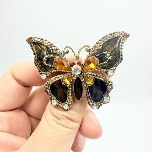 Rhinestone and Enamel Gold ToneButterfly Brooch - Picture 1 of 6